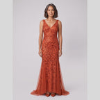 Oriana | Sequin Fishtail Gown by Vera Noir – in burnt orange