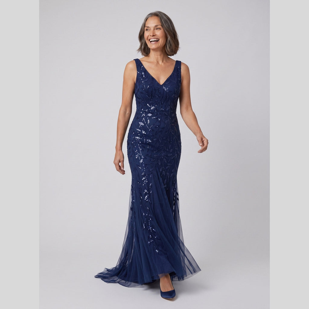Oriana | Sequin Fishtail Gown by Vera Noir – in navy blue