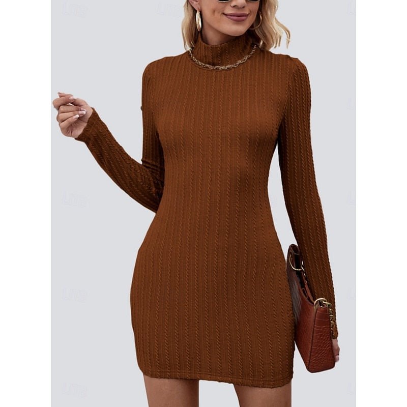 Oriel | Ribbed Turtleneck Mini Dress – front view in Brown