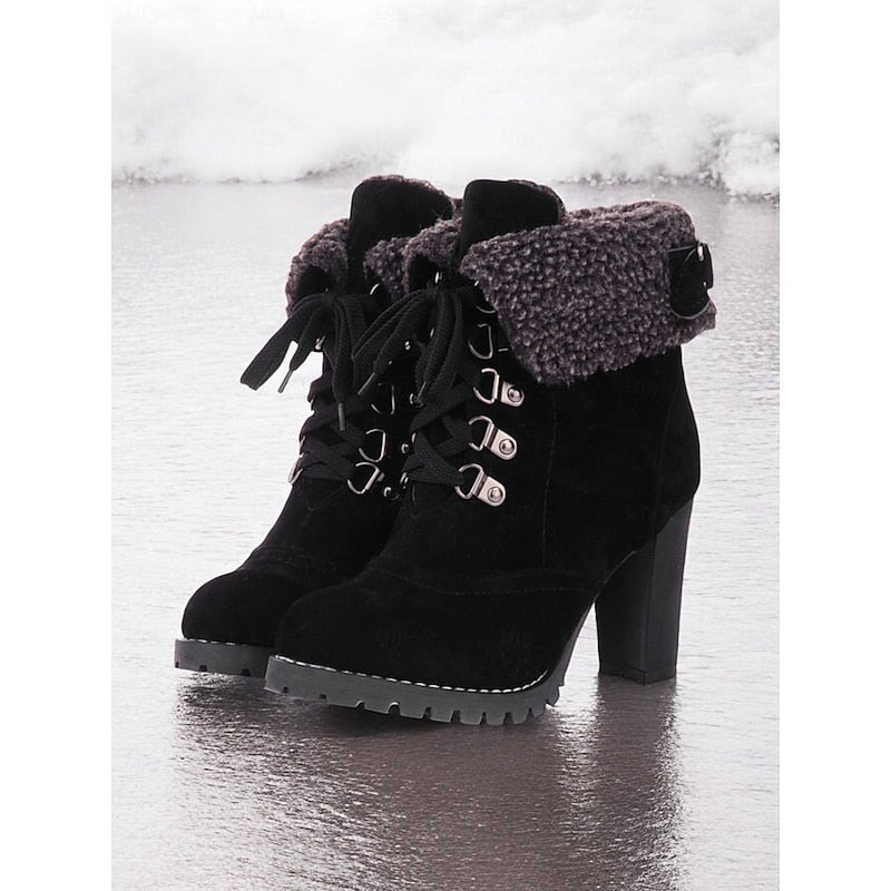 Ottilia | Fur-Trimmed Lace-Up Winter Boots – black front view