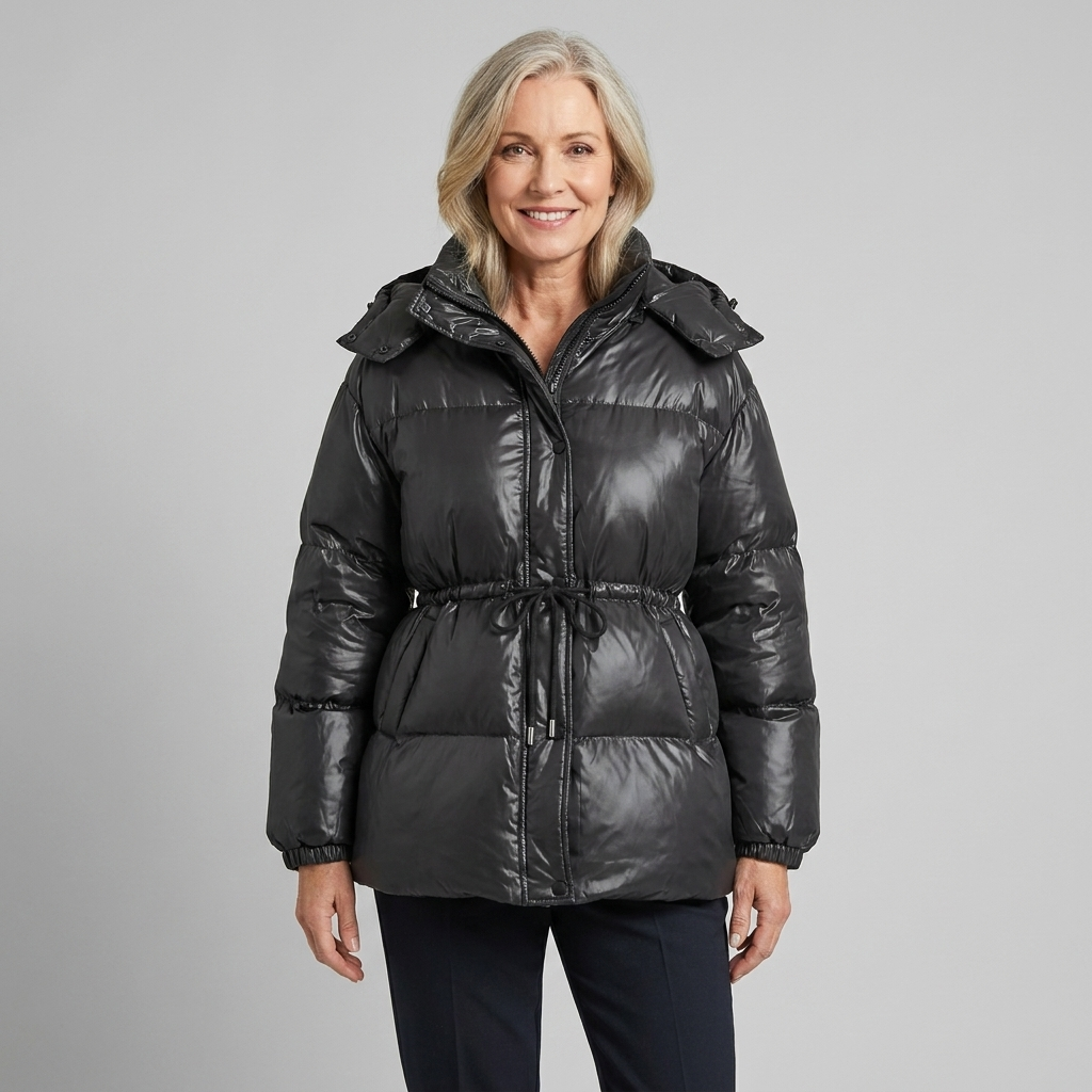 Ottoline | Glossy Drawstring Puffer Jacket – front view black