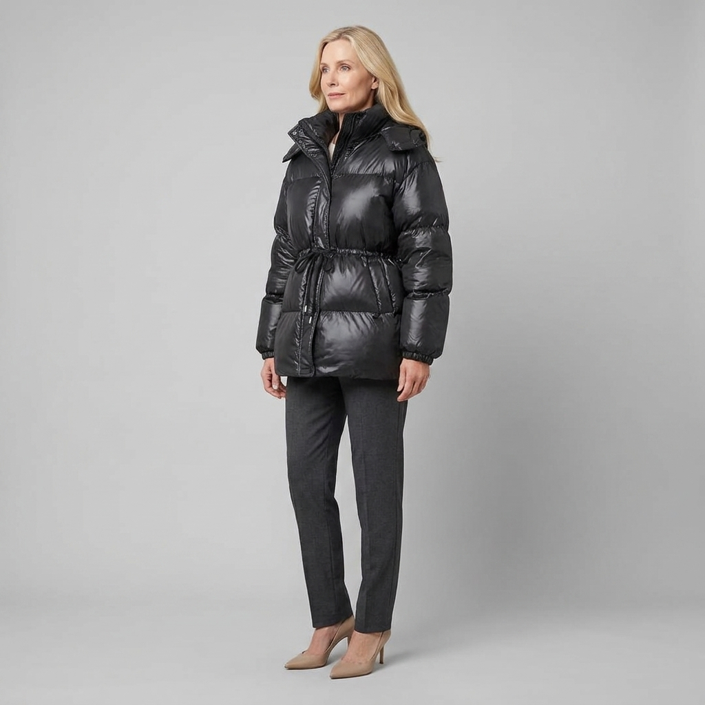Ottoline | Glossy Drawstring Puffer Jacket – side view black