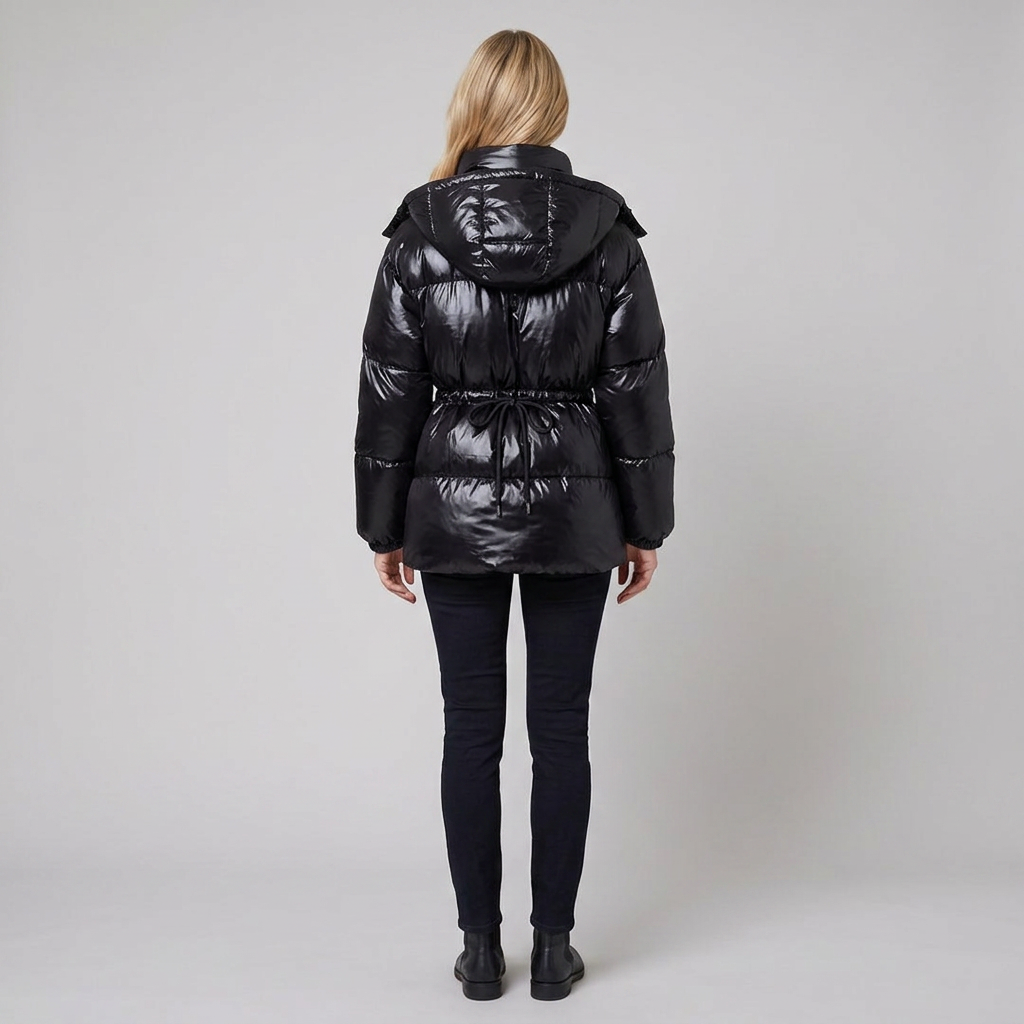 Ottoline | Glossy Drawstring Puffer Jacket – back view black