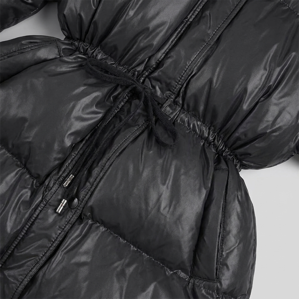 Ottoline | Glossy Drawstring Puffer Jacket – close-up drawstring waist