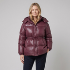 Ottoline | Glossy Drawstring Puffer Jacket – front view dark red