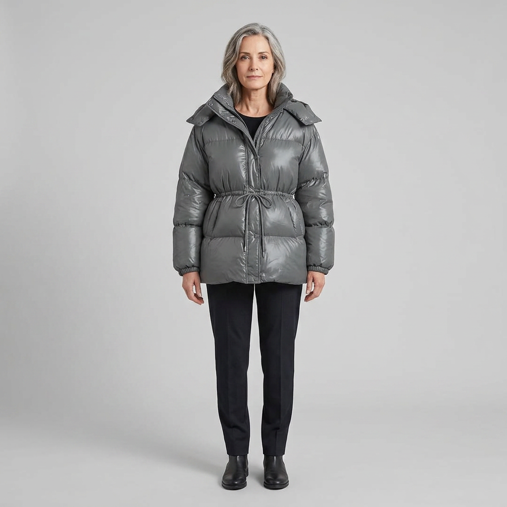 Ottoline | Glossy Drawstring Puffer Jacket – front view dark gray