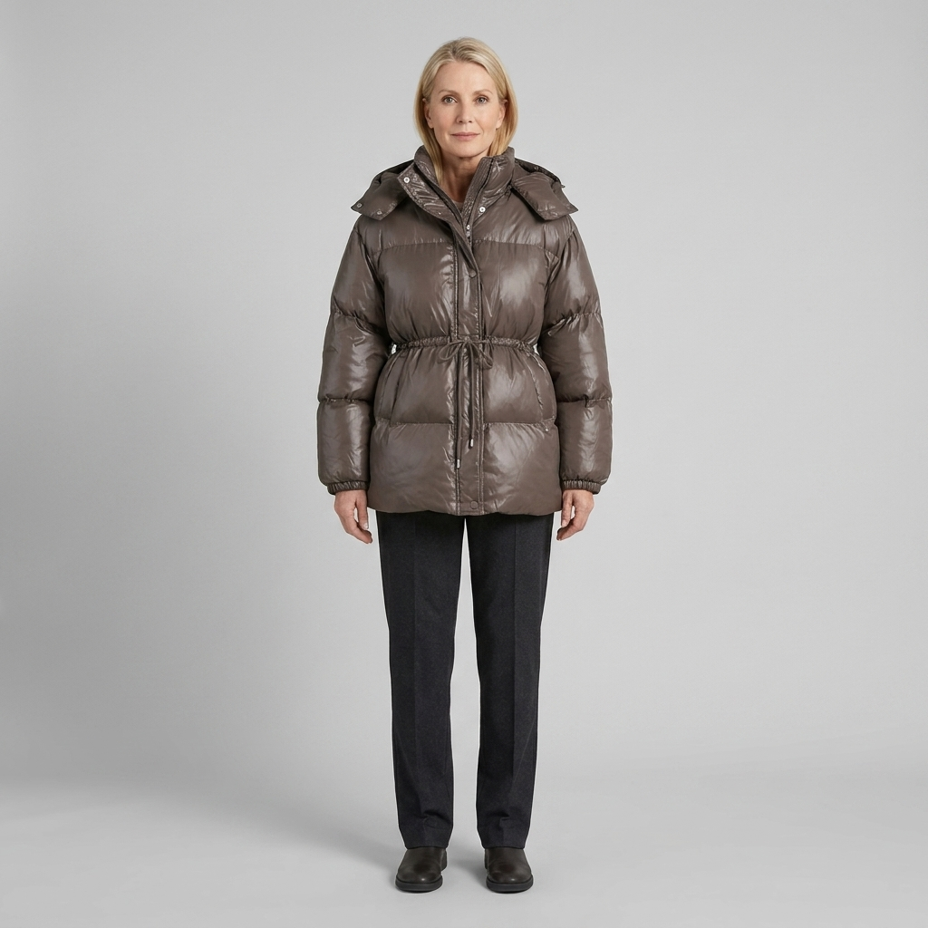 Ottoline | Glossy Drawstring Puffer Jacket – front view brown