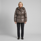 Ottoline | Glossy Drawstring Puffer Jacket – front view brown