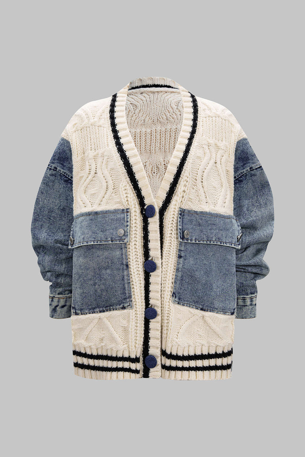 Petra Cable-Knit Denim Patch Pocket Cardigan by Vera Noir – front view
