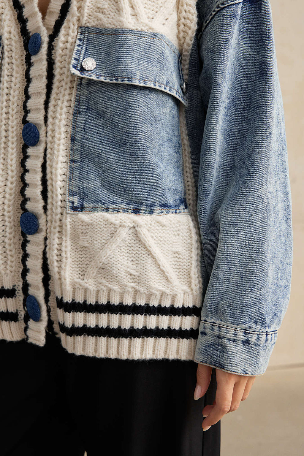 Petra cable-knit denim patch pocket cardigan by Vera Noir – denim detail