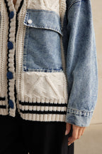 Petra cable-knit denim patch pocket cardigan by Vera Noir – denim detail