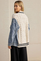 Petra cable-knit denim patch pocket cardigan by Vera Noir – wool and denim detail