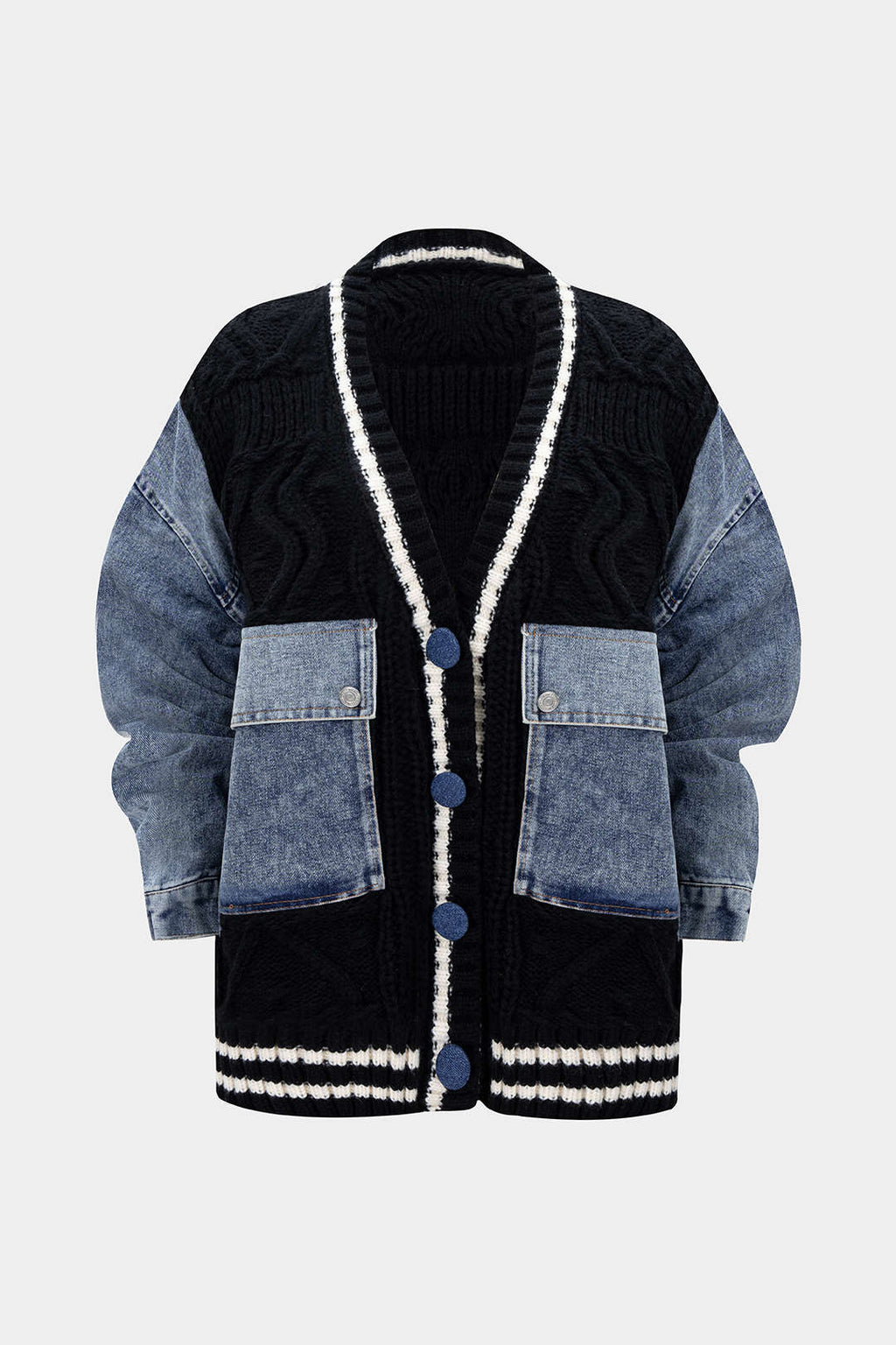 Petra Cable-Knit Denim Patch Pocket Cardigan by Vera Noir – back view