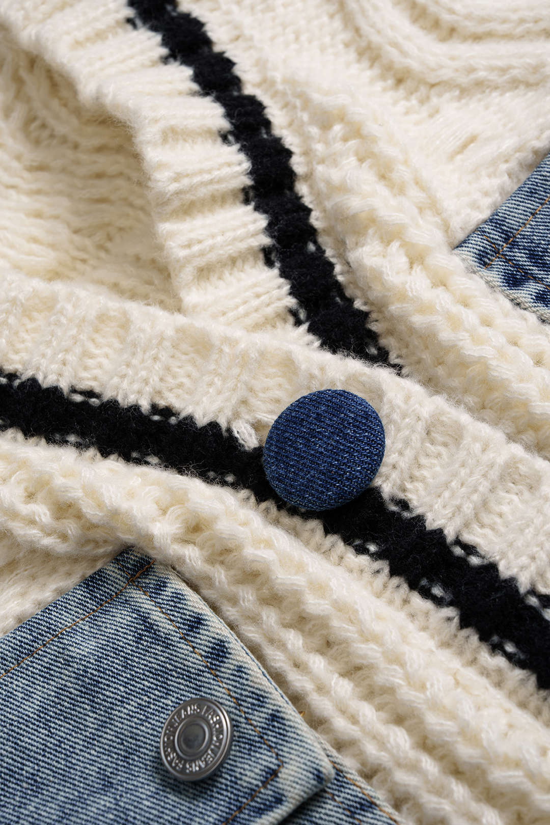 Petra Cable-Knit Denim Patch Pocket Cardigan by Vera Noir – styled view