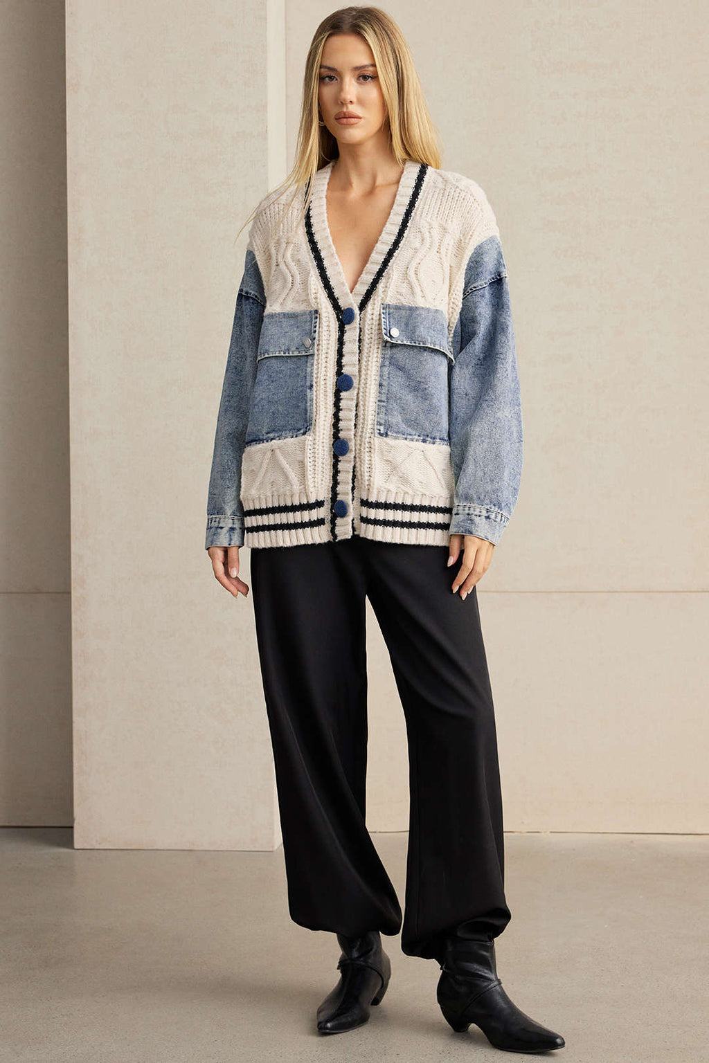 Petra cable-knit denim patch pocket cardigan by Vera Noir – model view
