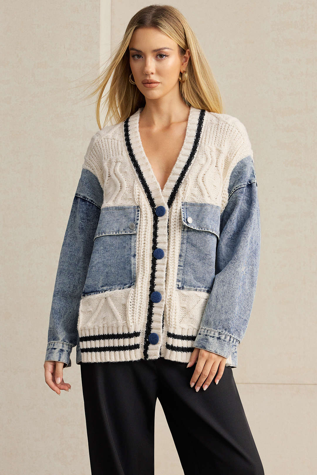 Petra cable-knit denim patch pocket cardigan by Vera Noir – model view, alternate