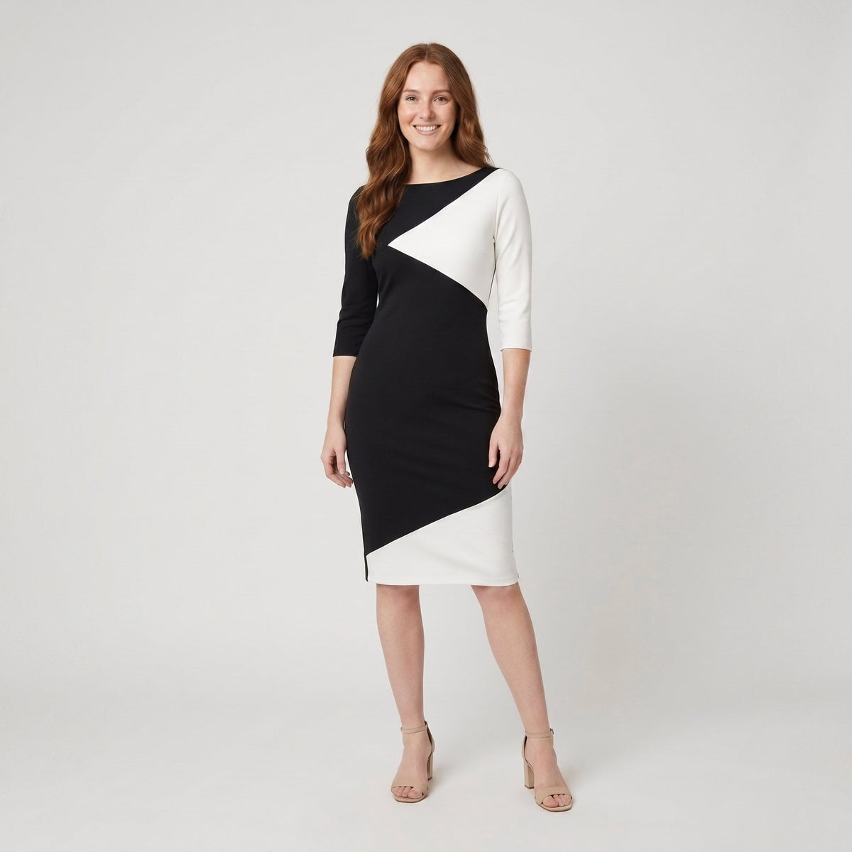 Philippa | Panelled Colourblock Midi Dress by Vera Noir – front view
