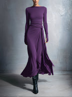 Queliravessa maxi dress, side profile of the draped silhouette