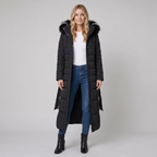 Quinna | Quilted Hooded Long Puffer Coat – front view black open
