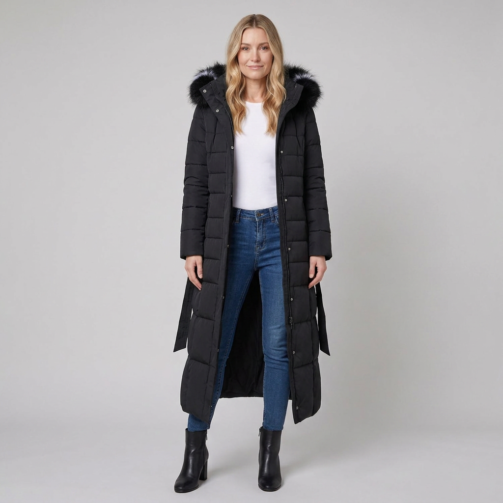 Quinna | Quilted Hooded Long Puffer Coat – front view black open