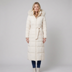 Quinna | Quilted Hooded Long Puffer Coat – front view off white