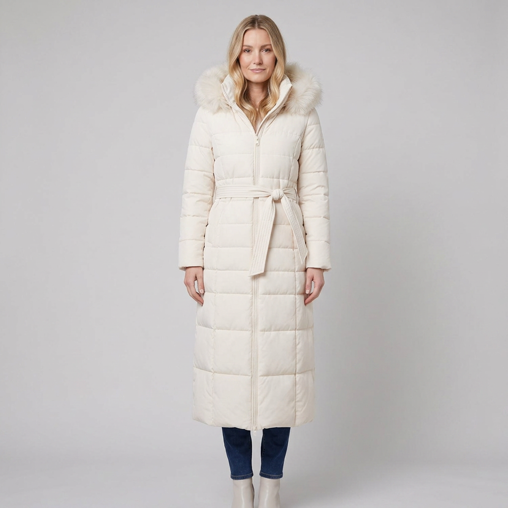 Quinna | Quilted Hooded Long Puffer Coat – front view off white