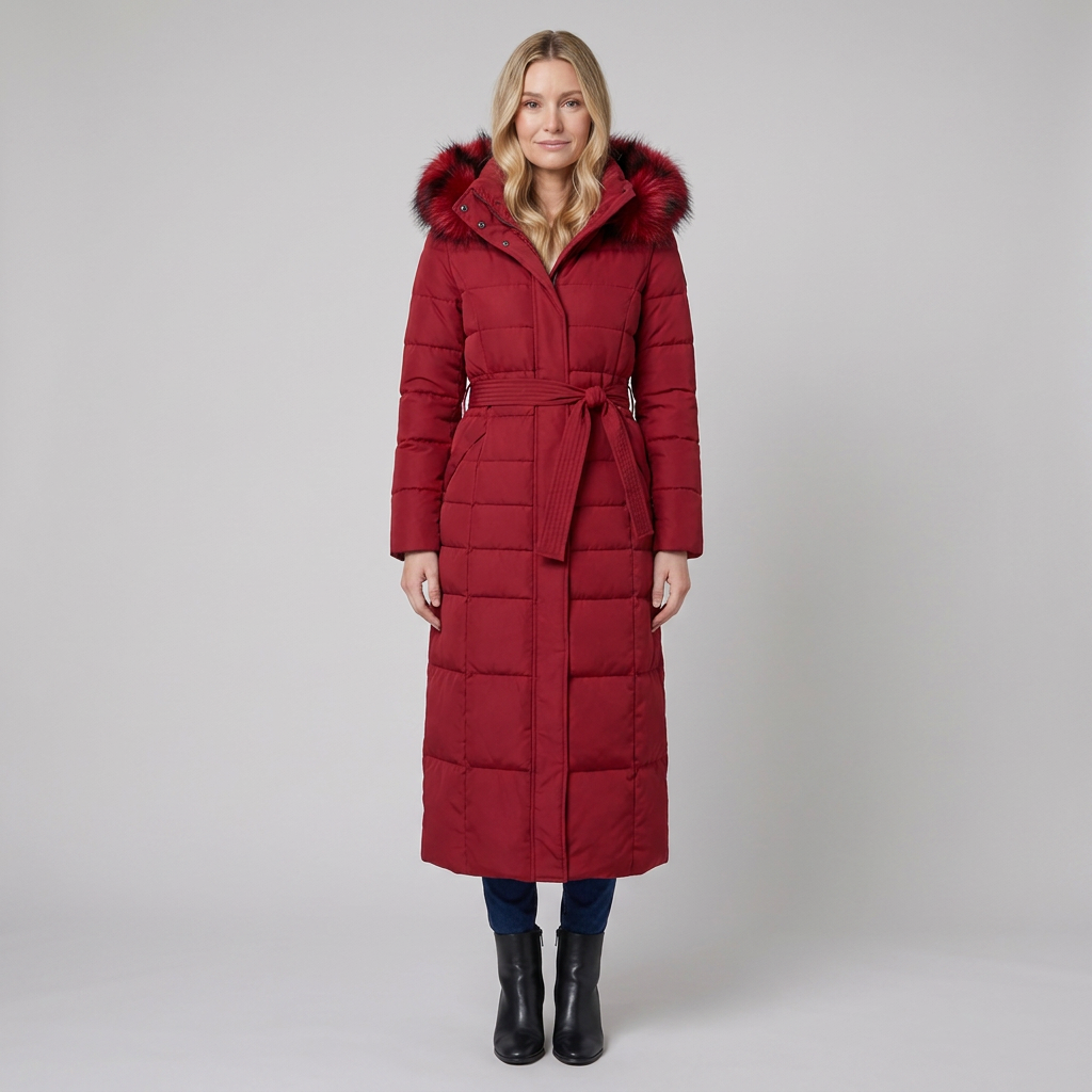 Quinna | Quilted Hooded Long Puffer Coat – front view red