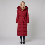 Quinna | Quilted Hooded Long Puffer Coat – front view red