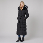 Quinna | Quilted Hooded Long Puffer Coat – front view black belted