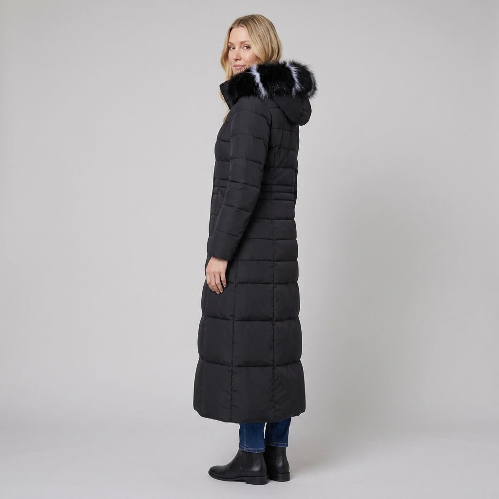 Quinna | Quilted Hooded Long Puffer Coat – side view black