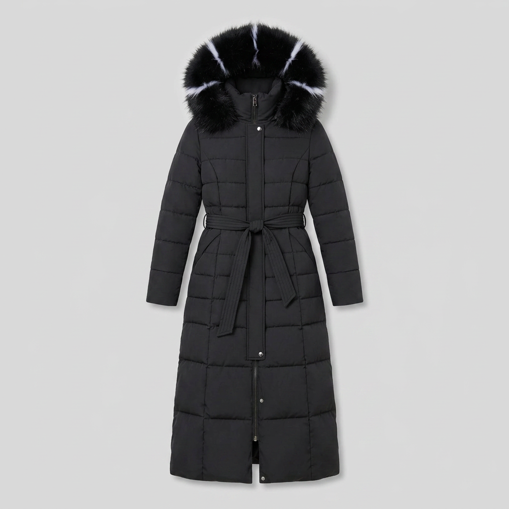 Quinna | Quilted Hooded Long Puffer Coat – flat lay product view