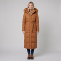 Quinna | Quilted Hooded Long Puffer Coat – front view caramel
