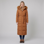 Quinna | Quilted Hooded Long Puffer Coat – front view caramel