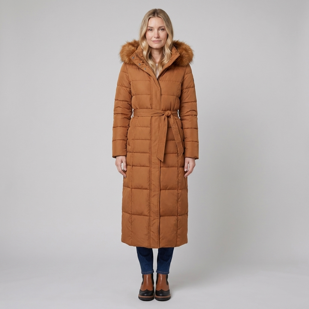 Quinna | Quilted Hooded Long Puffer Coat – front view caramel