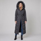 Quinna | Quilted Hooded Long Puffer Coat – front view dark gray