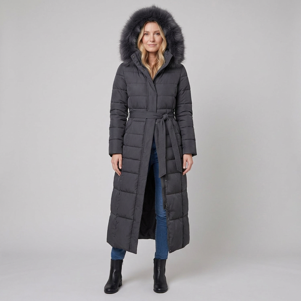 Quinna | Quilted Hooded Long Puffer Coat – front view dark gray
