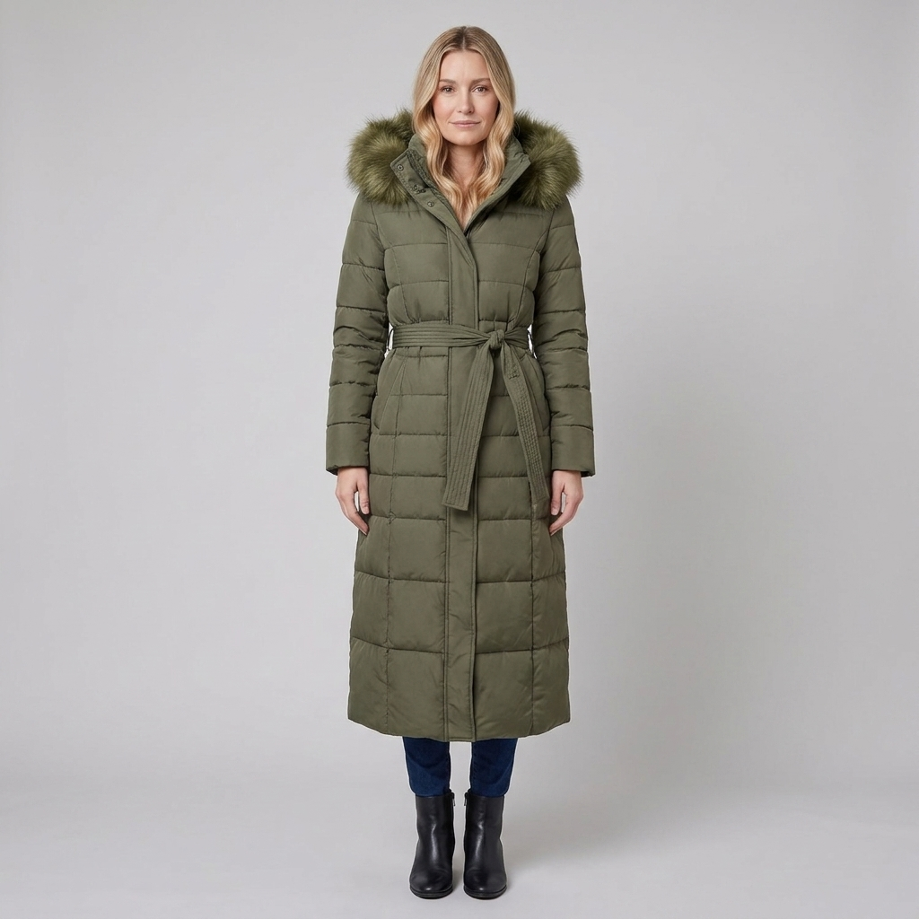 Quinna | Quilted Hooded Long Puffer Coat – front view army green