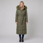 Quinna | Quilted Hooded Long Puffer Coat – front view army green