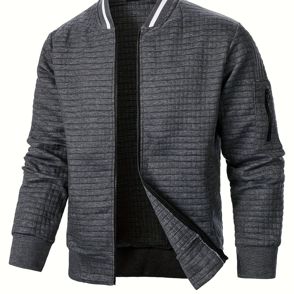Raymond Textured Quilted Zip-Up Bomber Jacket – Dark Gray, front view, jacket open