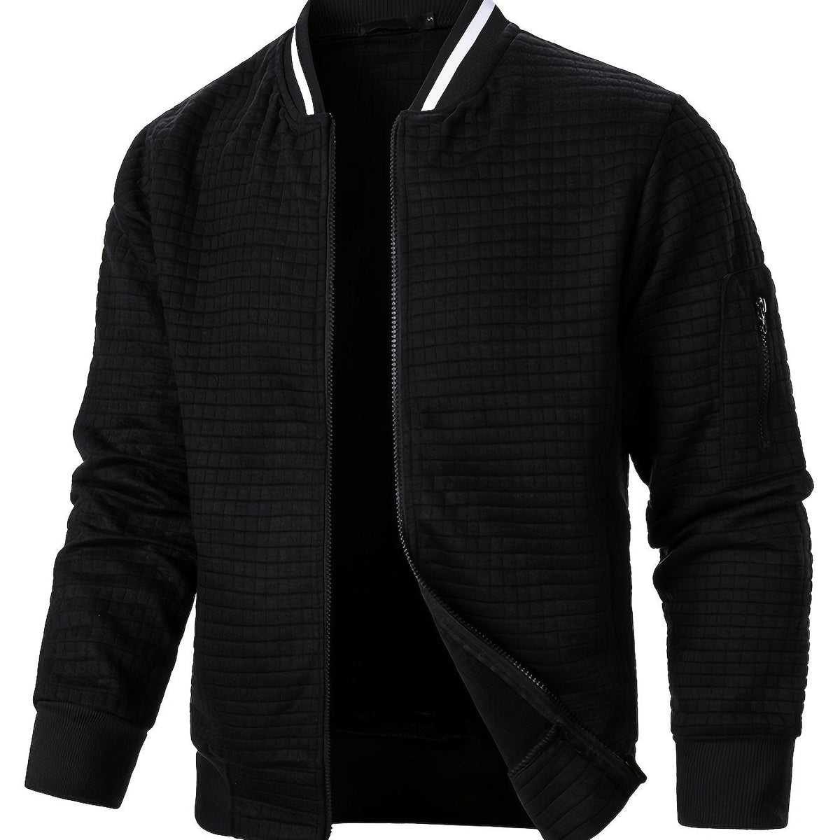 Raymond Textured Quilted Zip-Up Bomber Jacket – Black, front view, jacket open