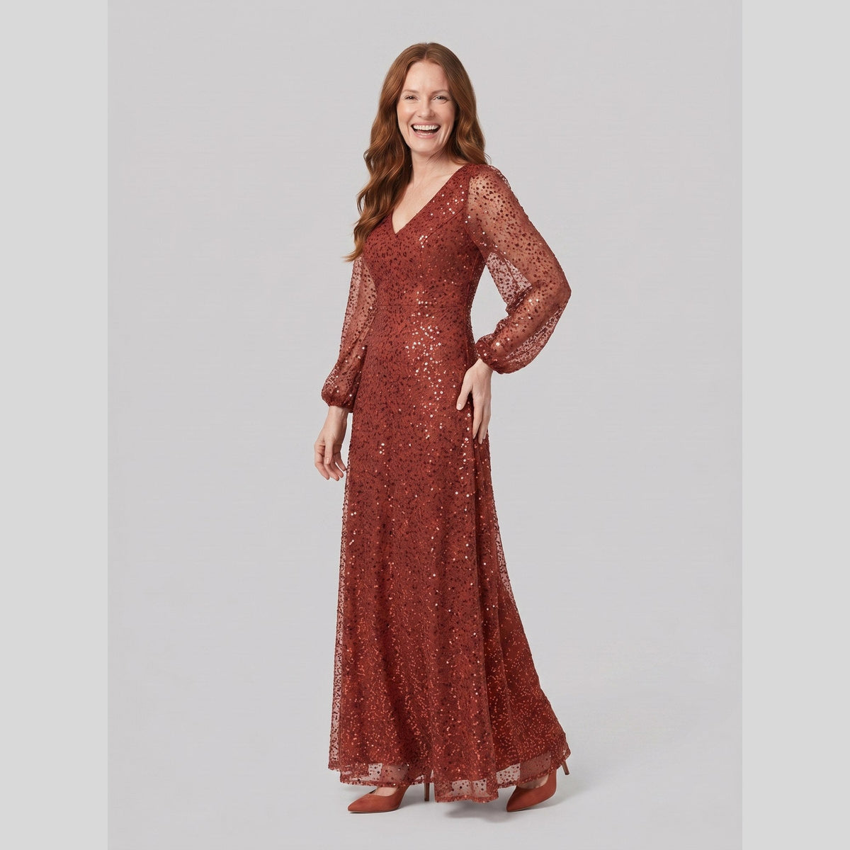 Rayven | Sequin A-Line Gown by Vera Noir – in burnt orange