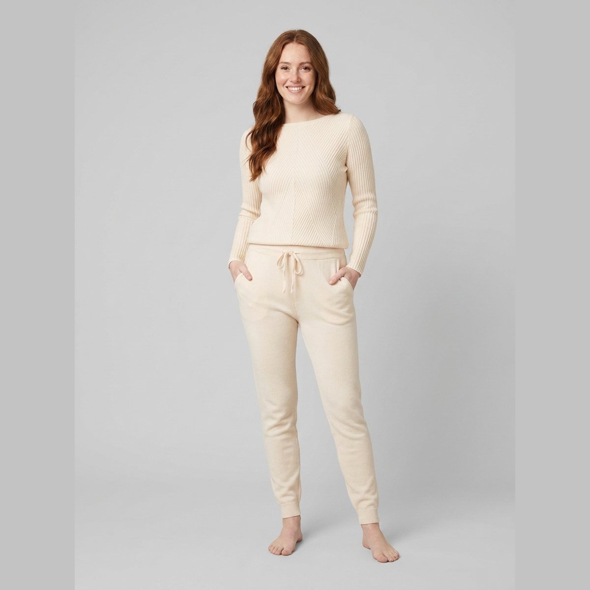 Rina | Ribbed Knit Tracksuit – front view – apricot