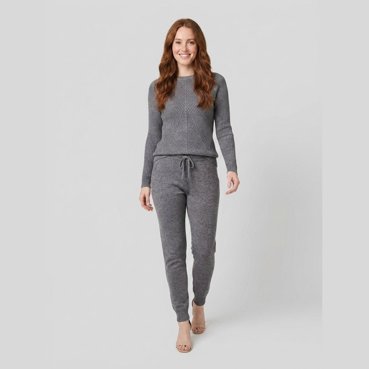 Rina | Ribbed Knit Tracksuit – front view – gray