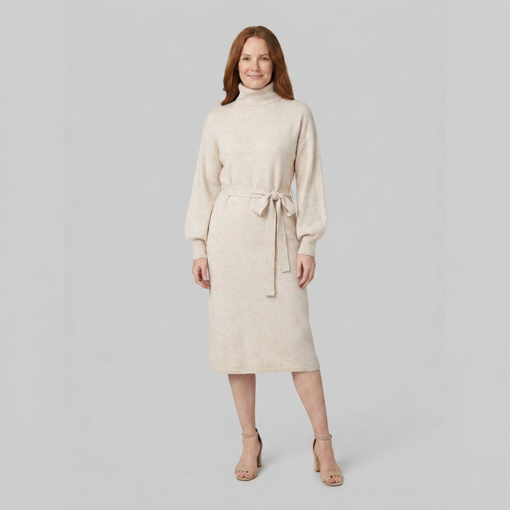 Romilly | Wool-Blend Turtleneck Knit Dress – styled view in beige