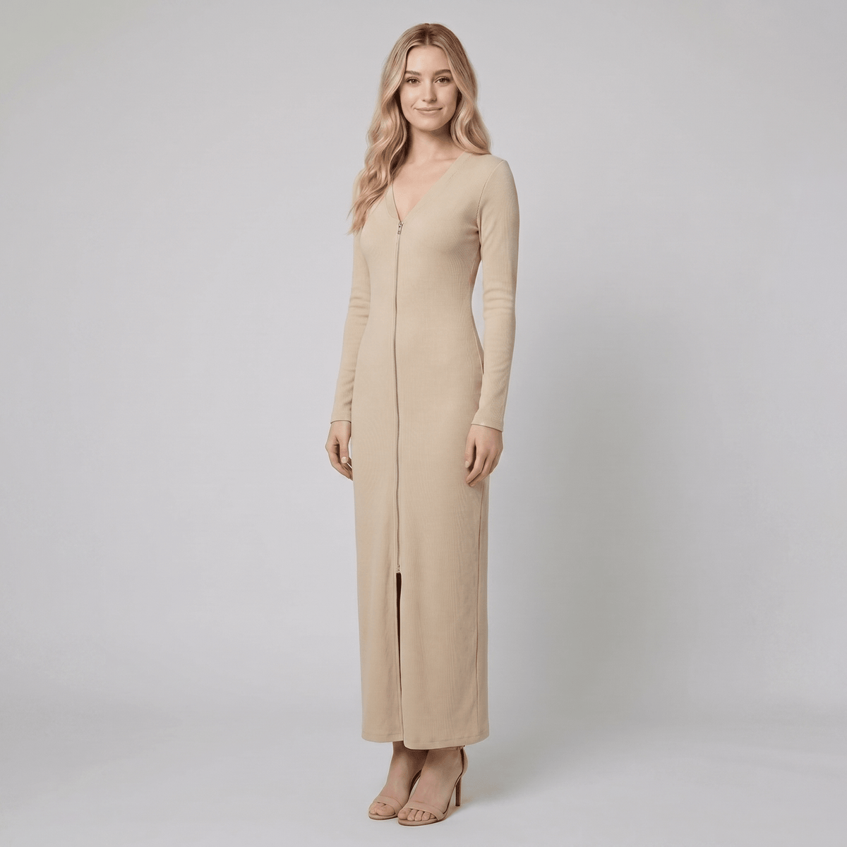 Romy | Ribbed Knit Zip-Front Maxi Dress by Vera Noir – in beige