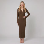 Romy | Ribbed Knit Zip-Front Maxi Dress by Vera Noir – in brown