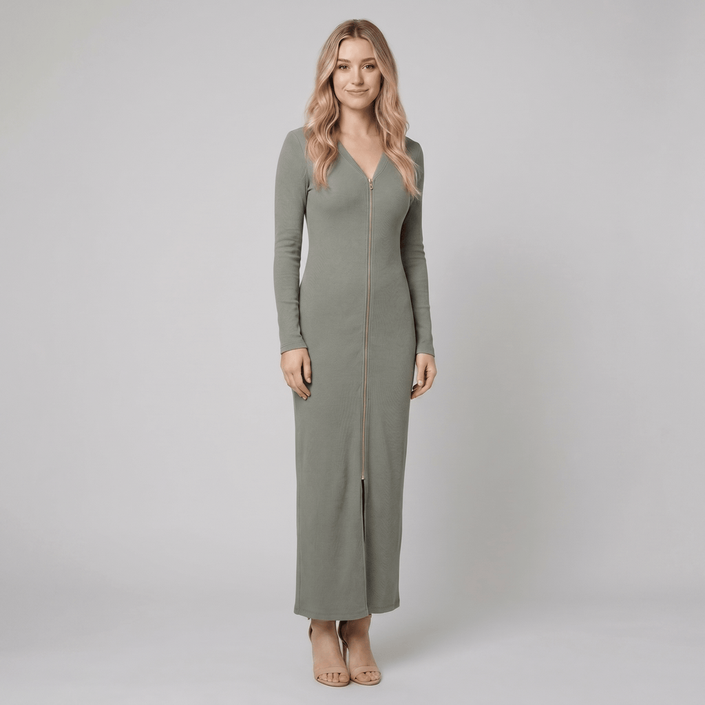 Romy | Ribbed Knit Zip-Front Maxi Dress by Vera Noir – in grey-green
