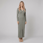 Romy | Ribbed Knit Zip-Front Maxi Dress by Vera Noir – in grey-green