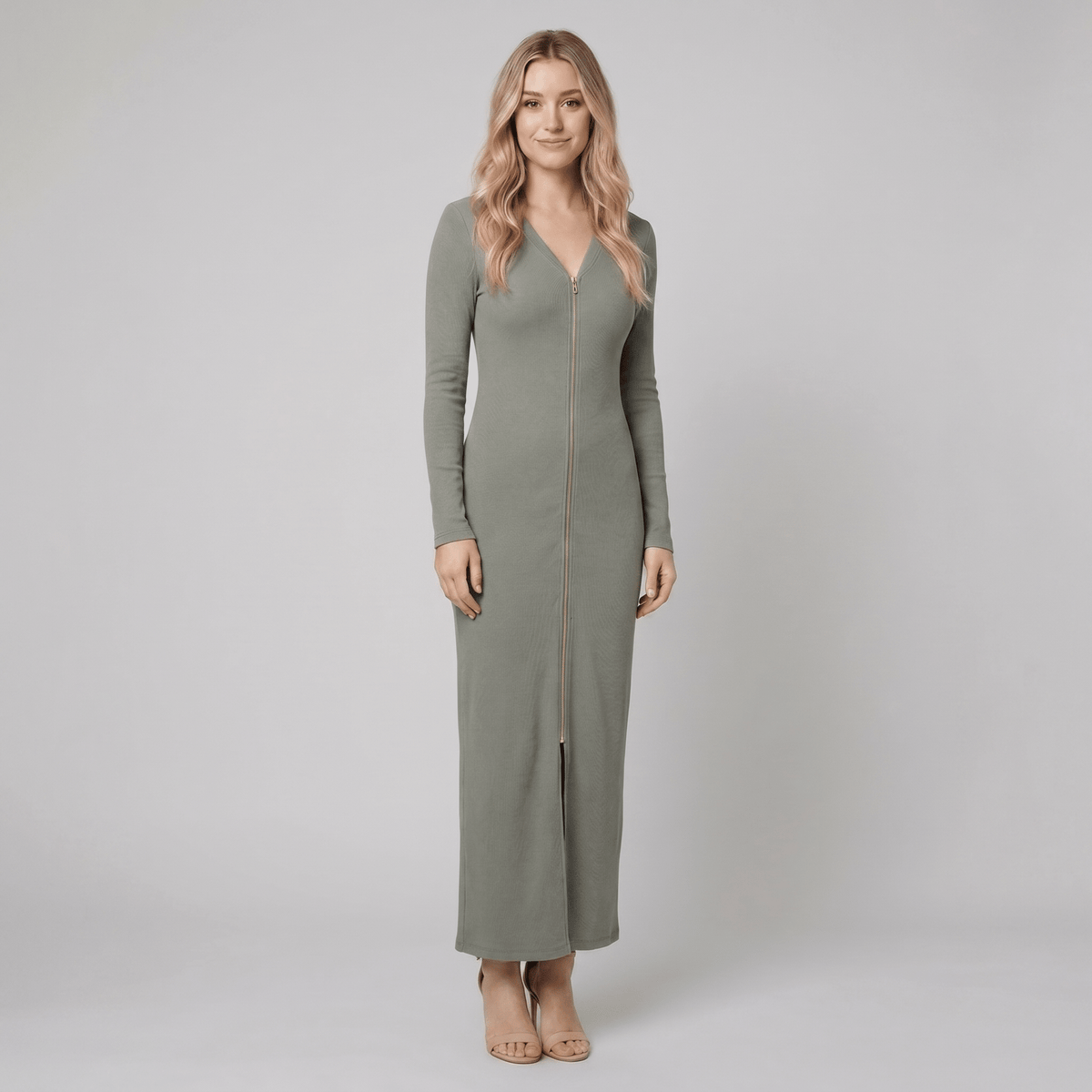 Romy | Ribbed Knit Zip-Front Maxi Dress by Vera Noir – in grey-green