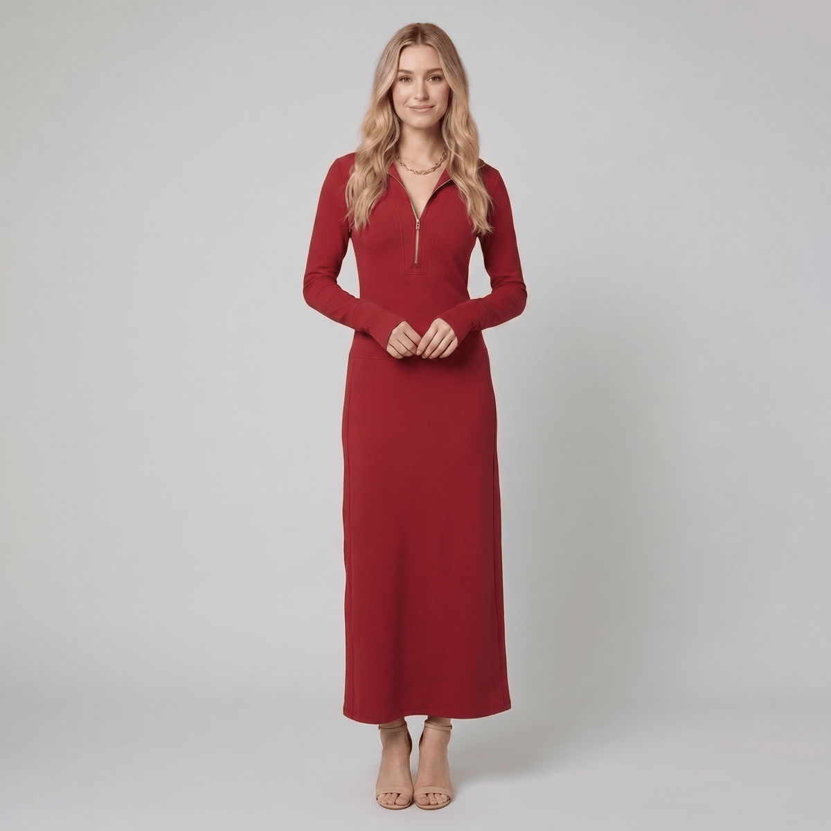 Romy | Ribbed Knit Zip-Front Maxi Dress by Vera Noir – in red